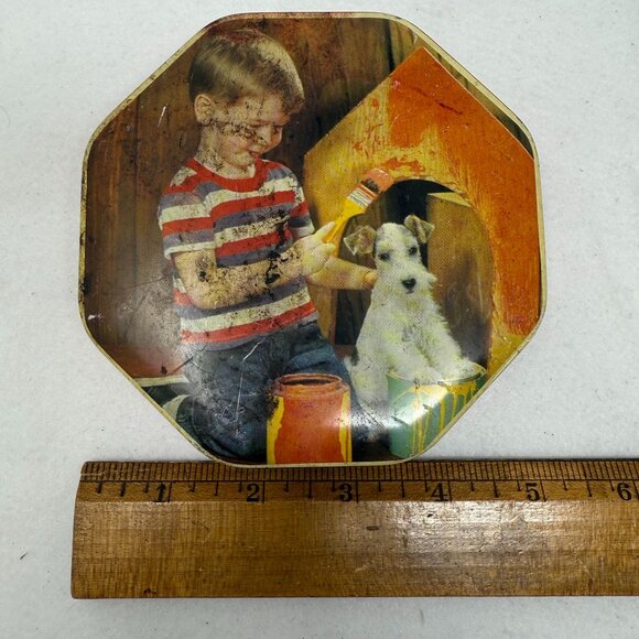 Vintage Arthur Holland Octagonal Toffee Tin Boy Dog Painting Design Red Base - Picture 6 of 6